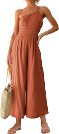 One Shoulder Wide Leg Linen Jumpsuit - Flattering High Waist
