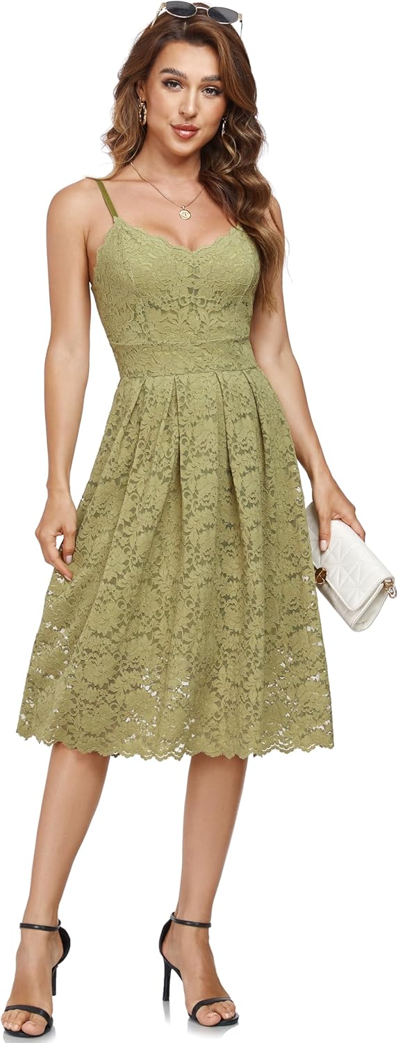 Atnlewhi Womens Spaghetti Strap V Neck A Line Lace Dress