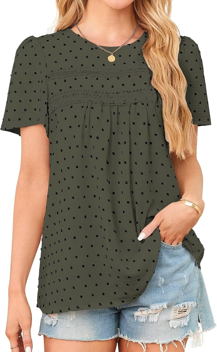 Womens Summer Tops Crewneck Short Sleeve Casual Chiffon Blouses