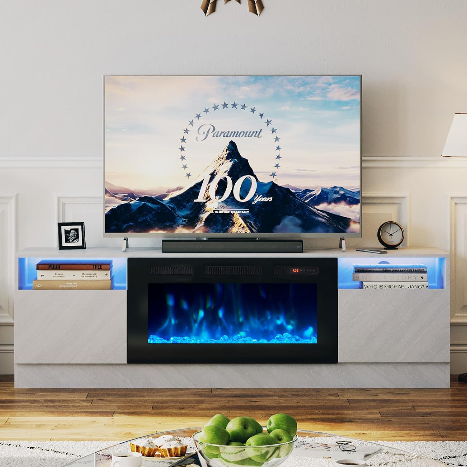 oneinmil 80 TV Stand with Electric Fireplace and LED Lights