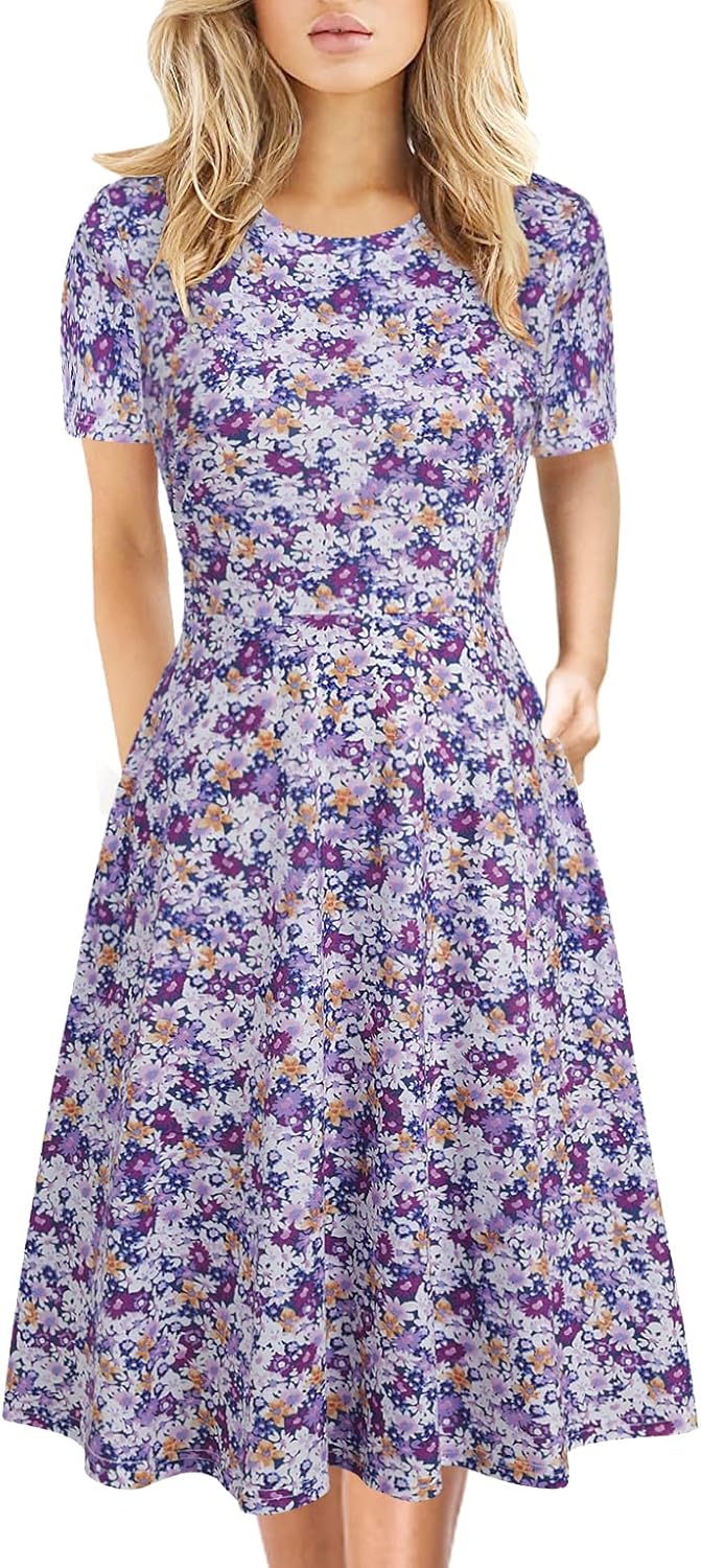 Women's Elegant Knee Length Floral Print Swing Dress with Pockets