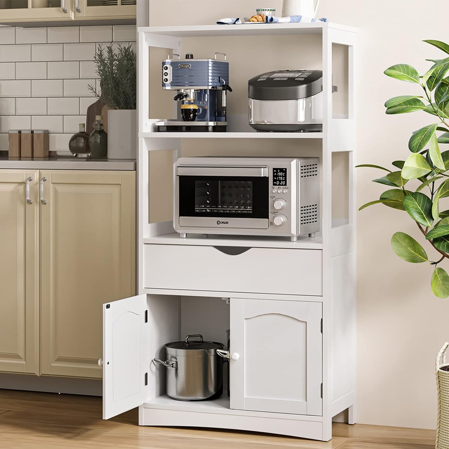 Versatile White Storage Cabinet with Microwave Space