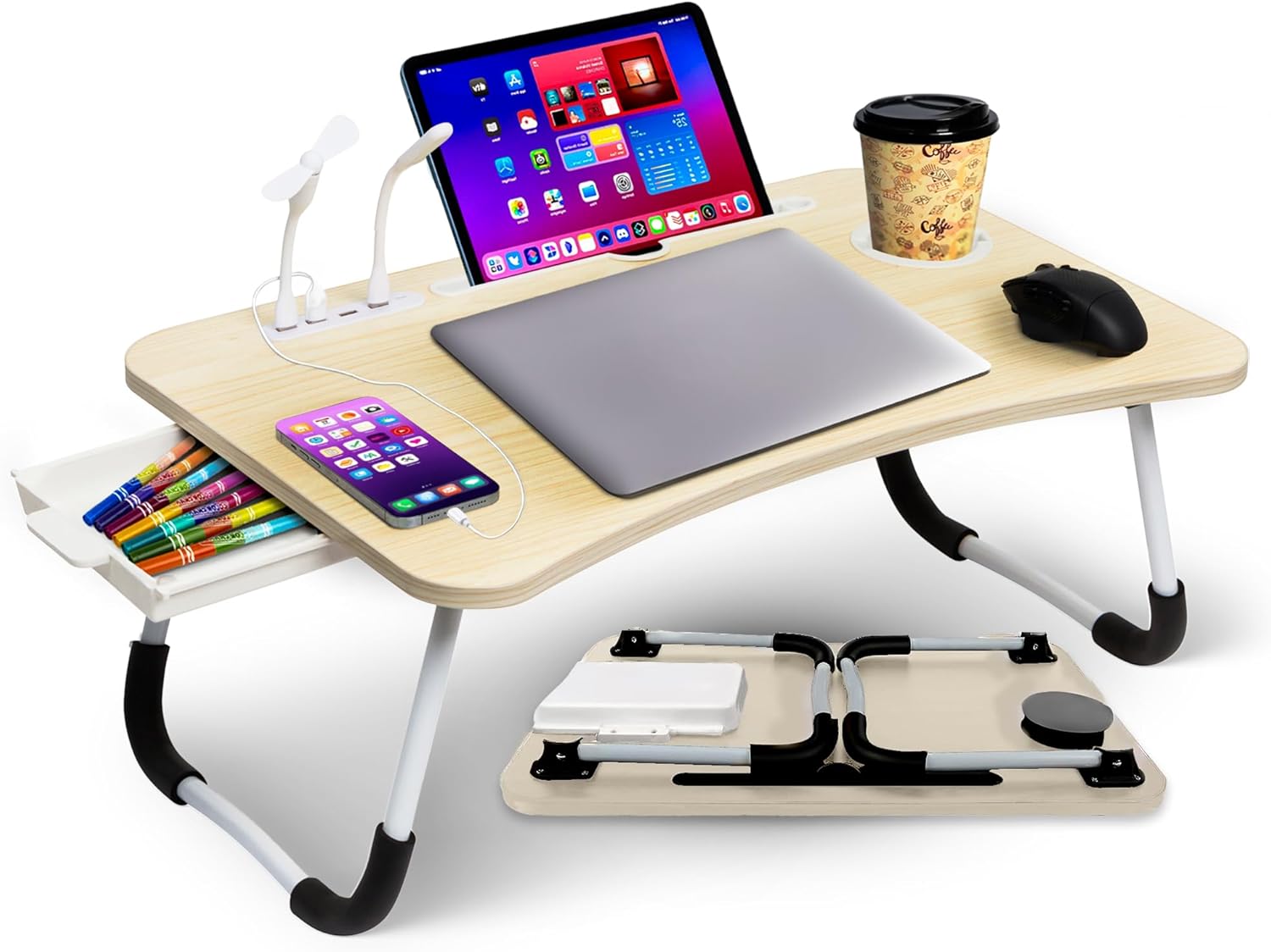 Portable Bed Desk with USB Port & Storage - Natural
