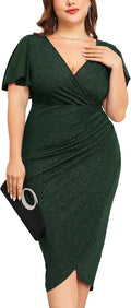 Plus Size Sparkle Sequin Wrap Ruffle Sleeve Midi Dress 0X-4X