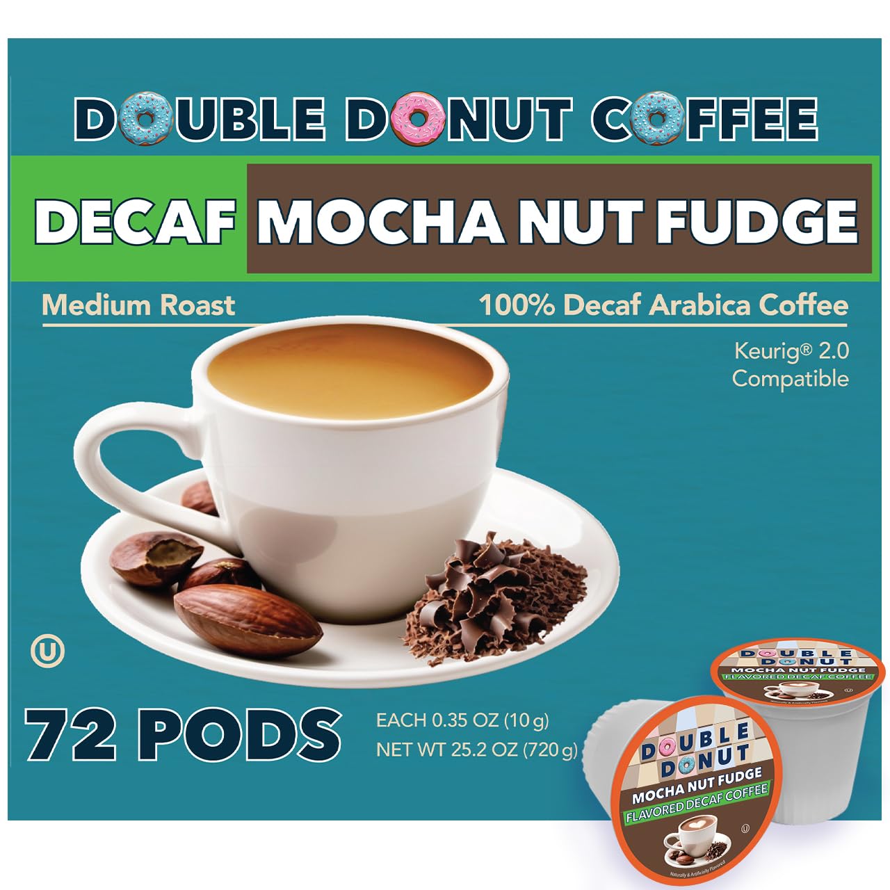 Double Donut Coffee Decaf Pods for Keurig - Mocha Nut Fudge Flavor