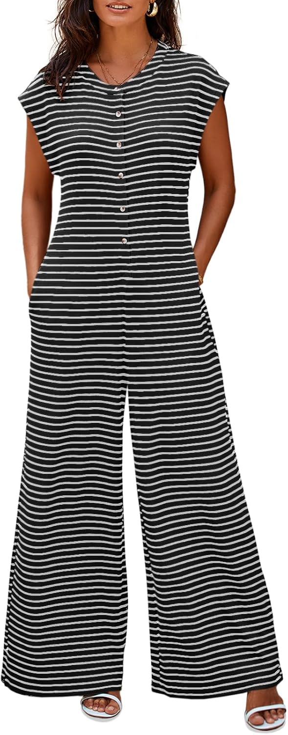 Casual Striped Jumpsuits for Women - Summer Wide Leg Romper