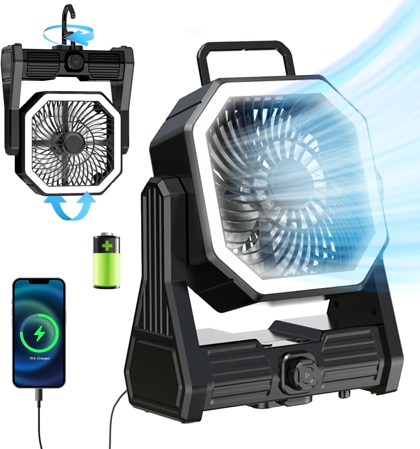 20000mAh Rechargeable Camping Fan with LED Light