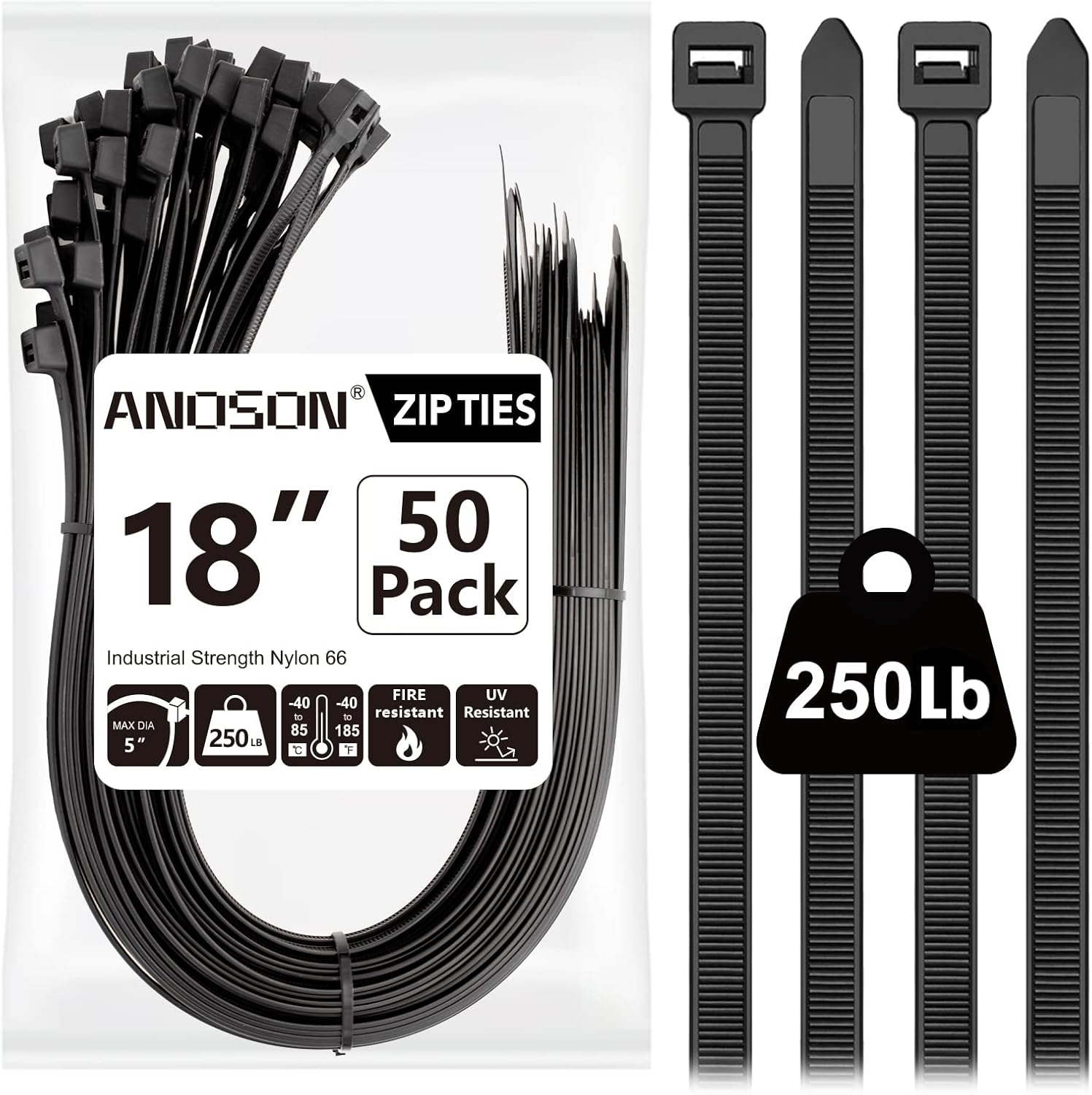 50 Pack Heavy Duty 20 Zip Ties, 250 lb Strength, Black - ANOSON