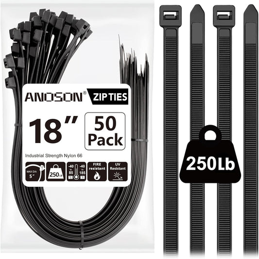 50 Pack Heavy Duty 20 Zip Ties, 250 lb Strength, Black - ANOSON