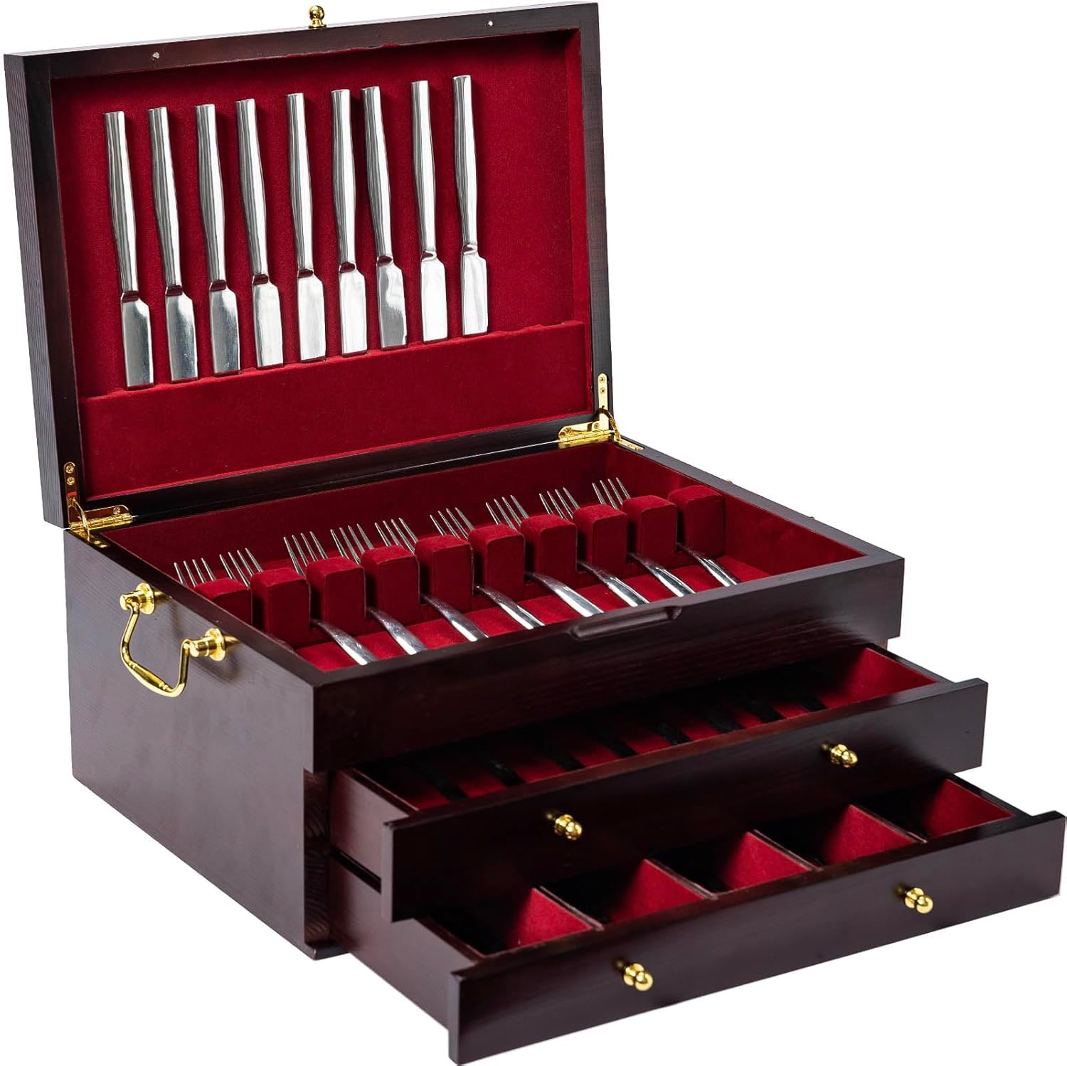 GENRICE Wooden Silverware Chest for 12 or 16 Utensil Sets