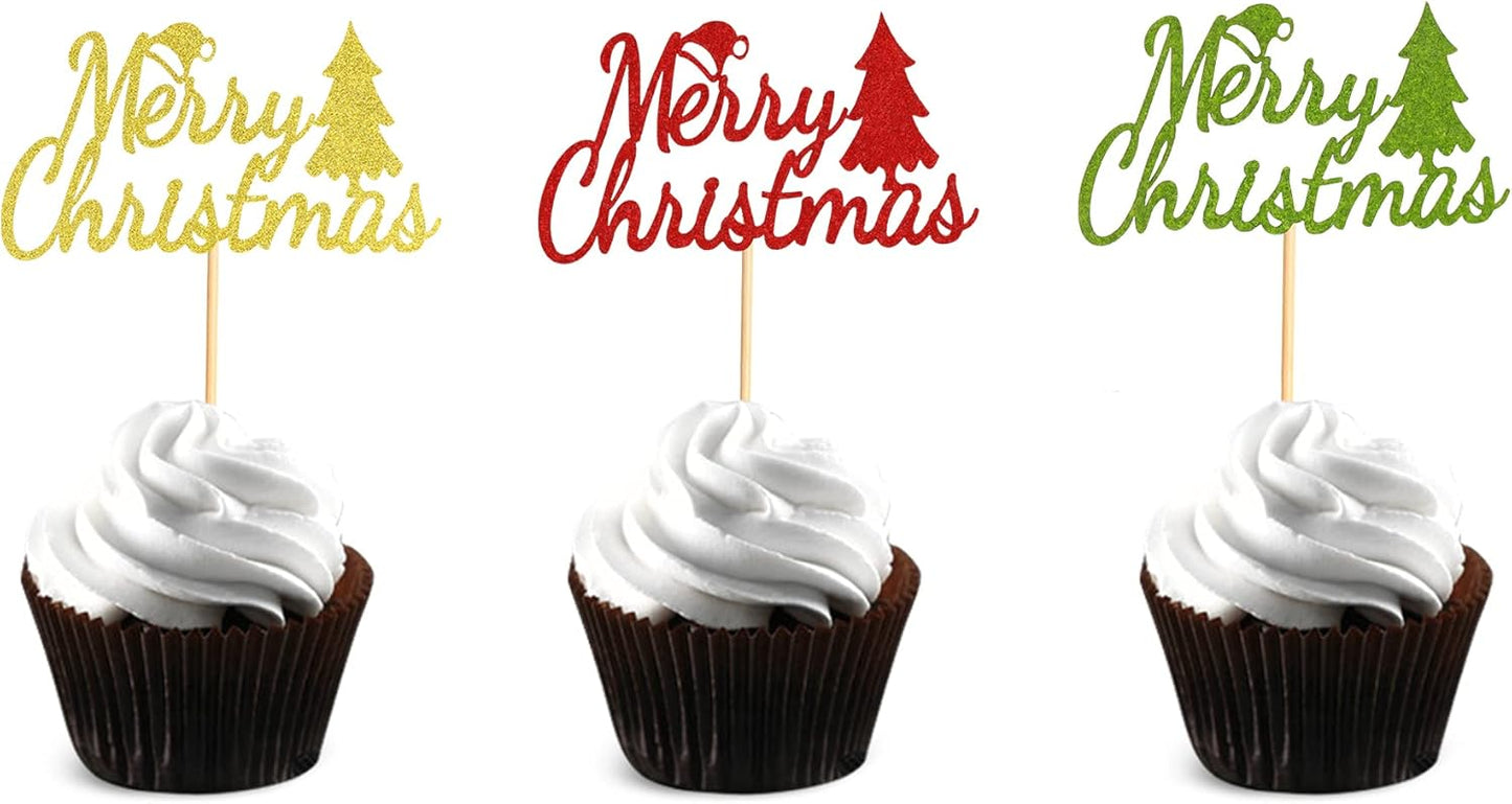 Merry Christmas Cupcake Toppers - Festive Tree Picks