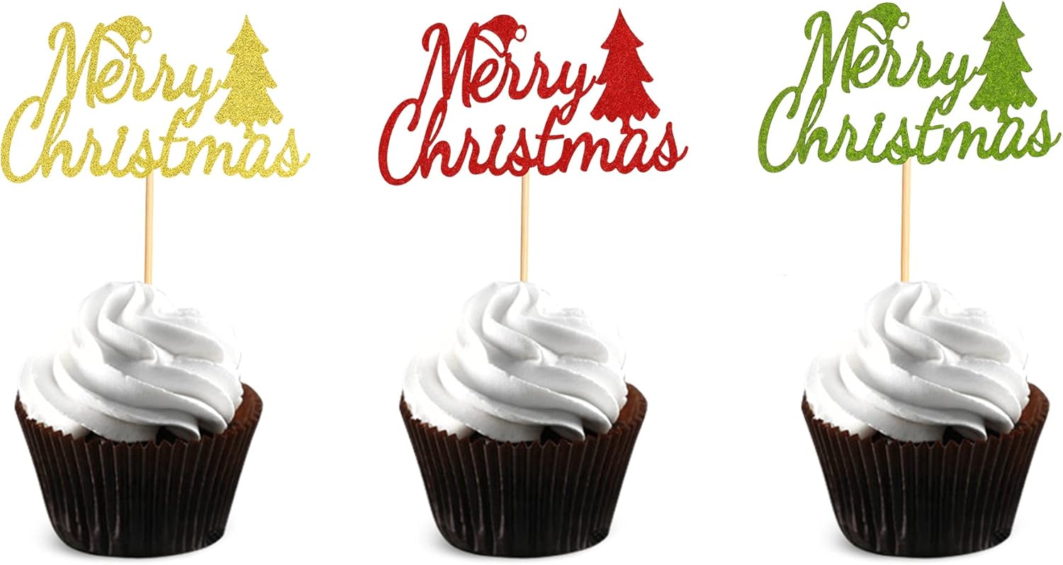 Merry Christmas Cupcake Toppers - Festive Tree Picks