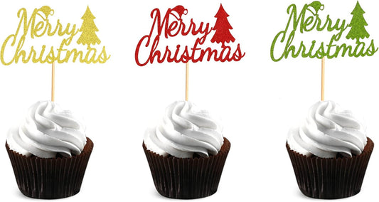 Merry Christmas Cupcake Toppers - Festive Tree Picks
