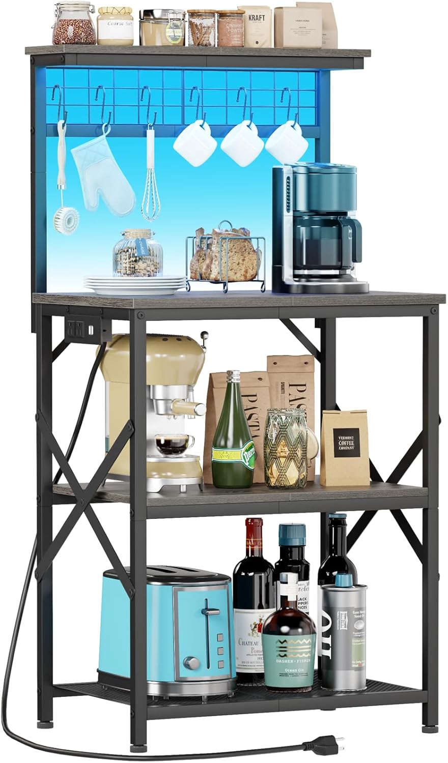Black Oak Baker's Rack: Power Outlet, LED Light & 4 Tier Shelves