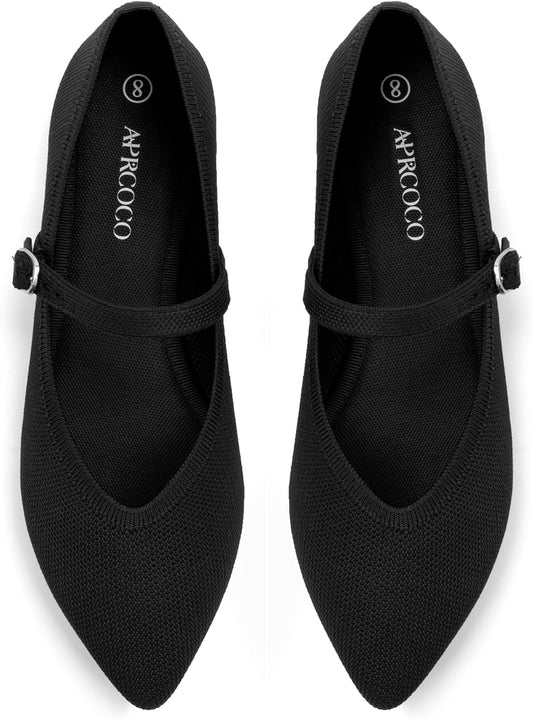 Knit Pointed Toe Ballet Flats for Women with Ankle Strap