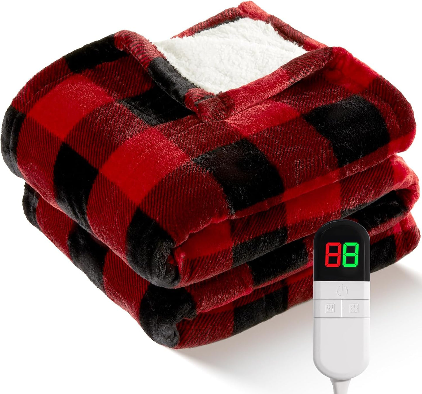 Electric Heated Sherpa Buffalo Plaid Blanket with 8 Heating Levels