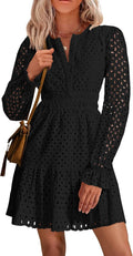 PRETTYGARDEN Women's Long Sleeve Eyelet Mini Dress - Elegant A-Line
