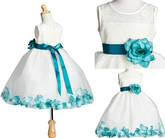 Ivory Lace Rose Petal Tulle Flower Girl Dress for Weddings