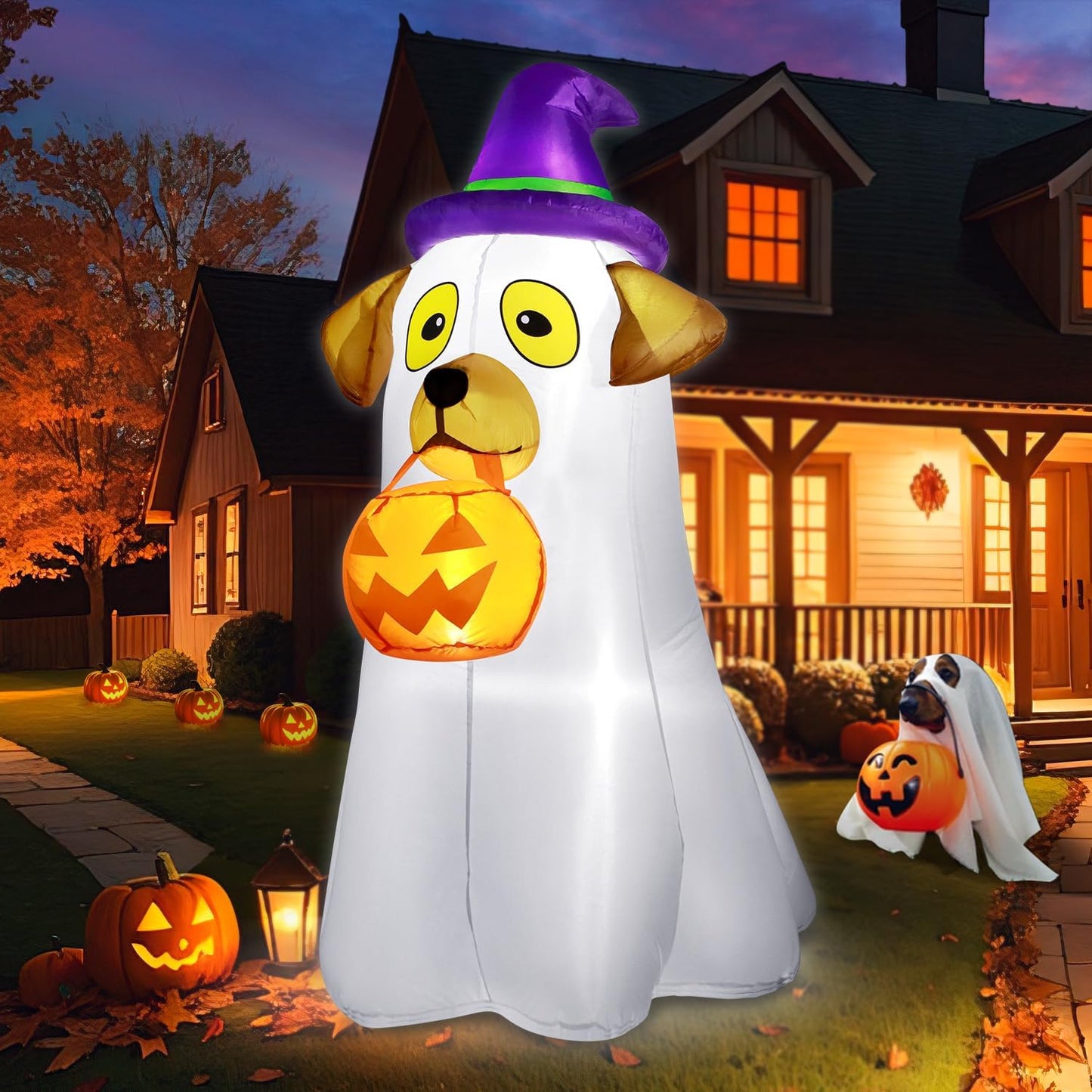 5FT Halloween Inflatables Ghost Dog with LED for Outdoor Fun