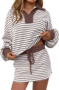 Striped Womens 2 Piece Sweatshirt Skort Set - Casual V-Neck Lounge