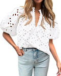 Womens Casual Summer Blouse with Eyelet Embroidery - Lightweight