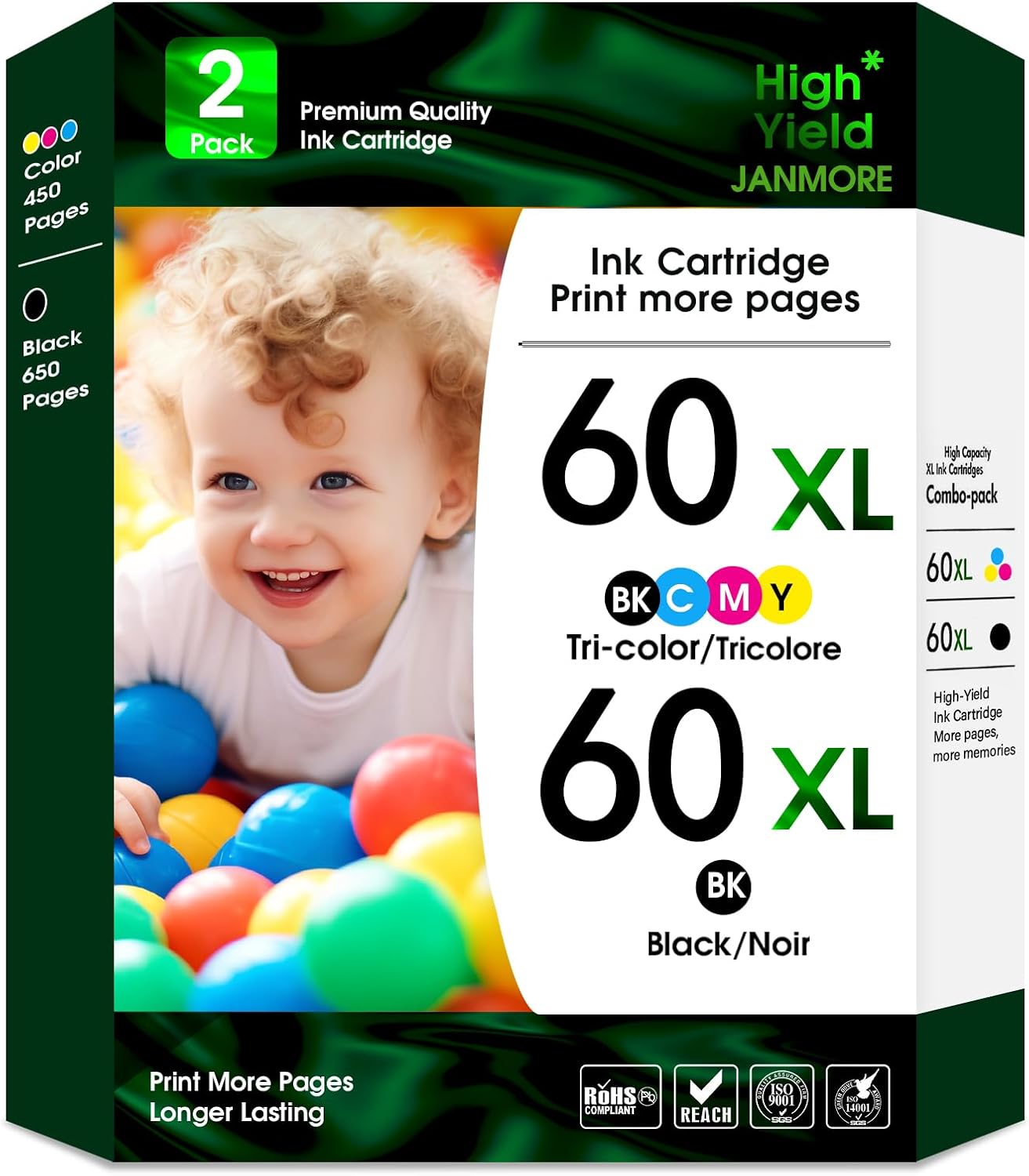 JANMORE 60XL Ink Cartridges Combo Pack for HP Printers