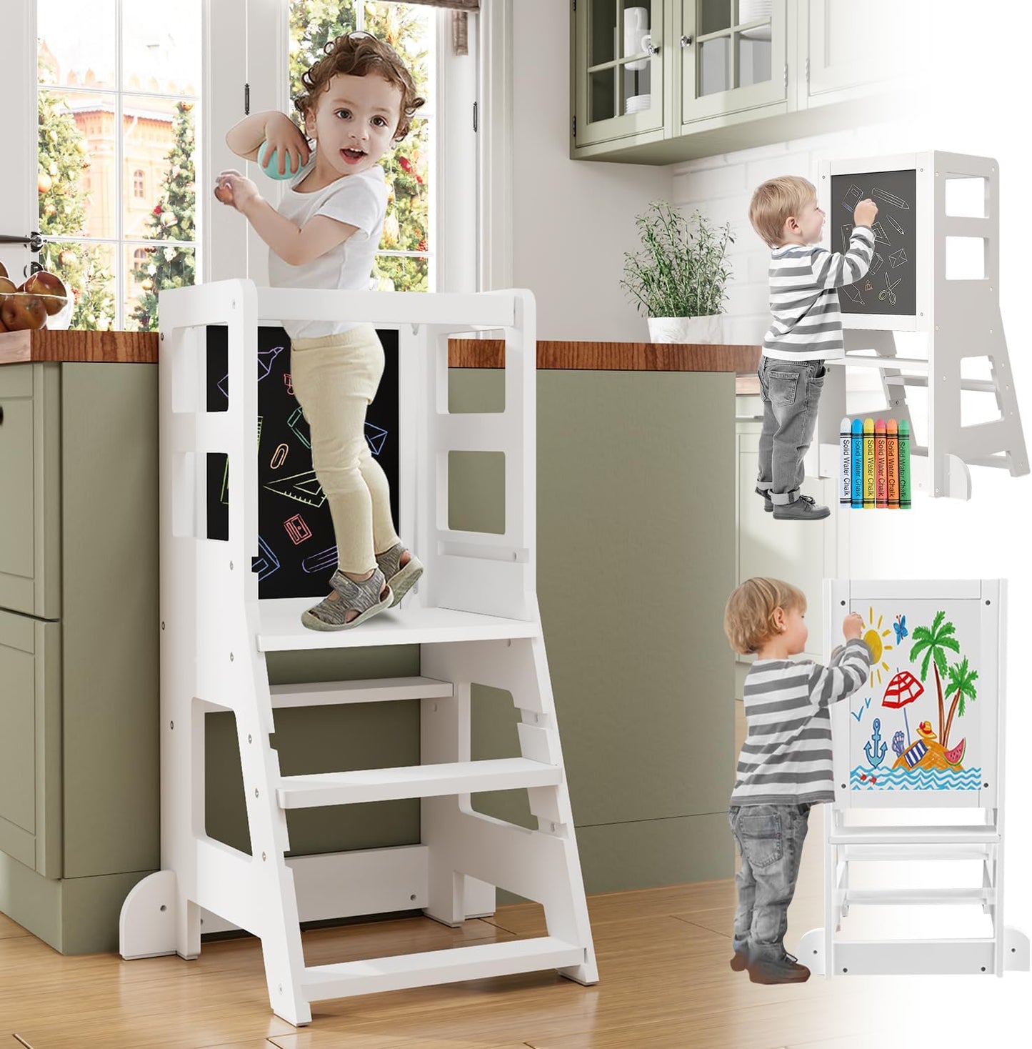 Toddler Kitchen Step Stool with Adjustable Heights and Safety Rail