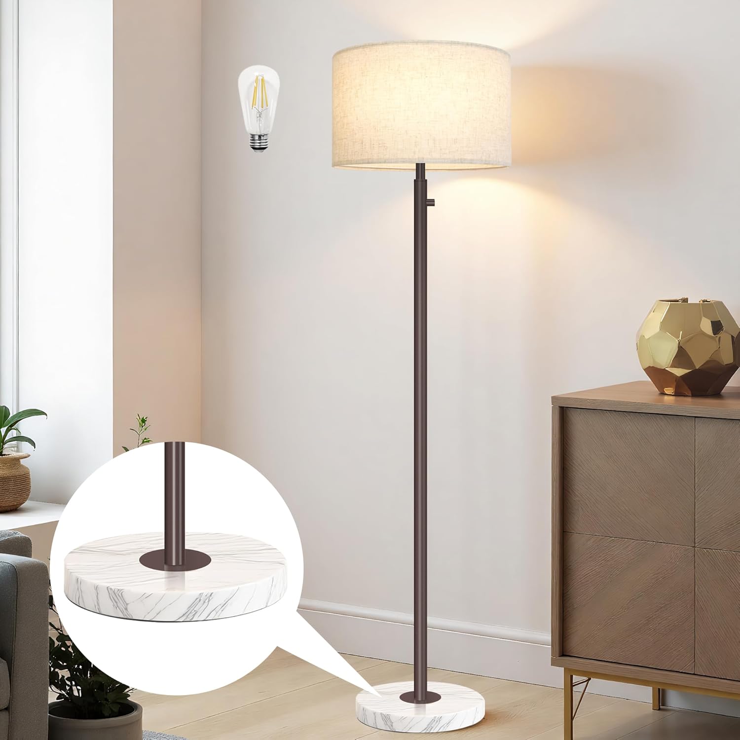 Dimmable Gold Floor Lamp for Living Room with Marble Base