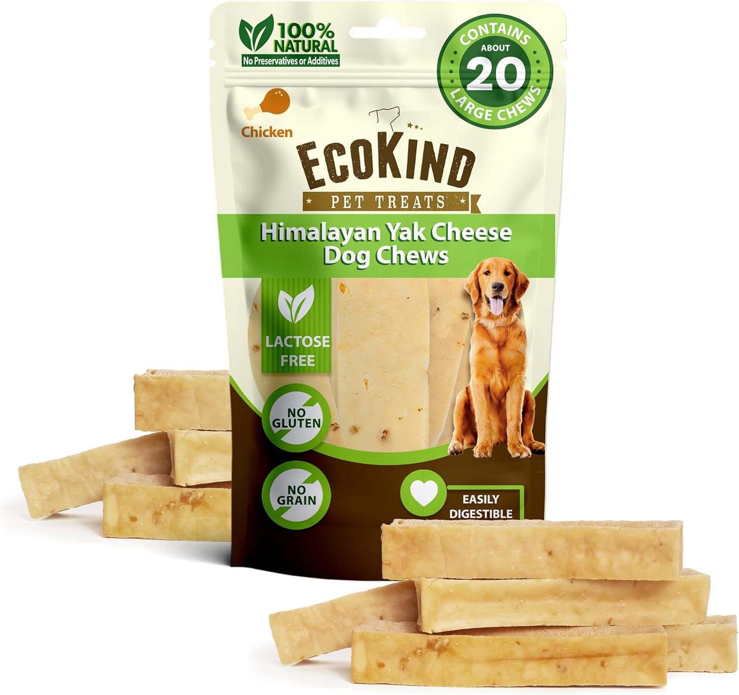 EcoKind Premium Gold Yak Cheese Chews for Large Dogs - 18+ Chews