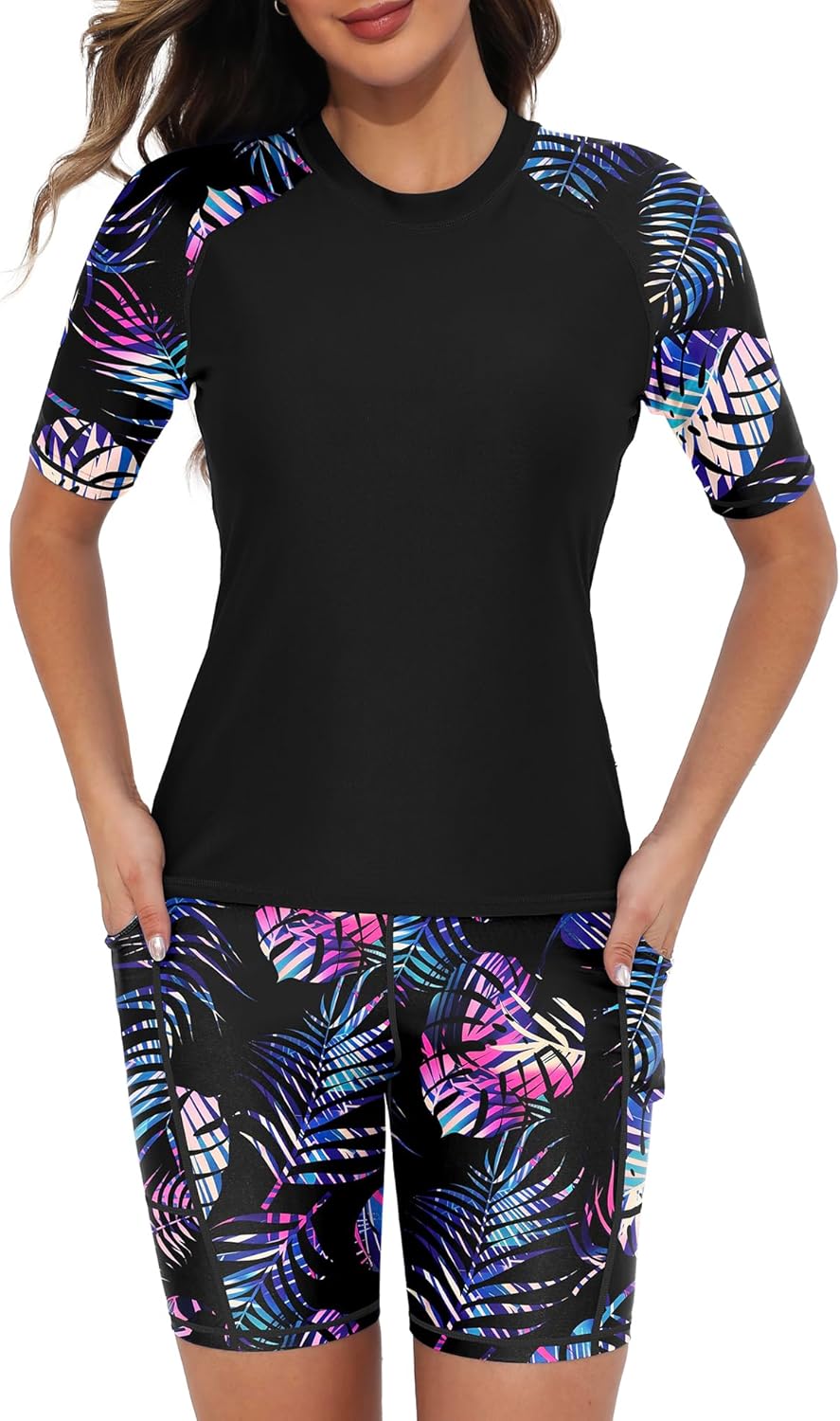 Tournesol Women's Two Piece Rash Guard Swim Set with Pockets