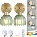 Green Tulip Glass Wireless Wall Sconces - Rechargeable Gold Set