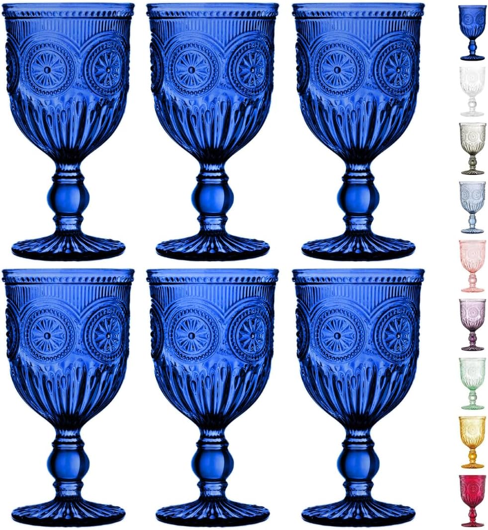 Handcrafted Cobalt Blue Wine Glasses Set of 6 with Sunflower Motif