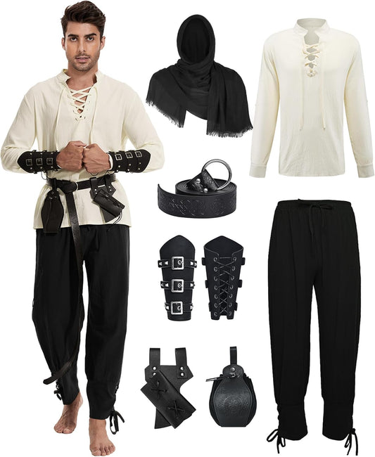 7 Pcs Medieval Pirate Shirt and Pants Viking Costume Set