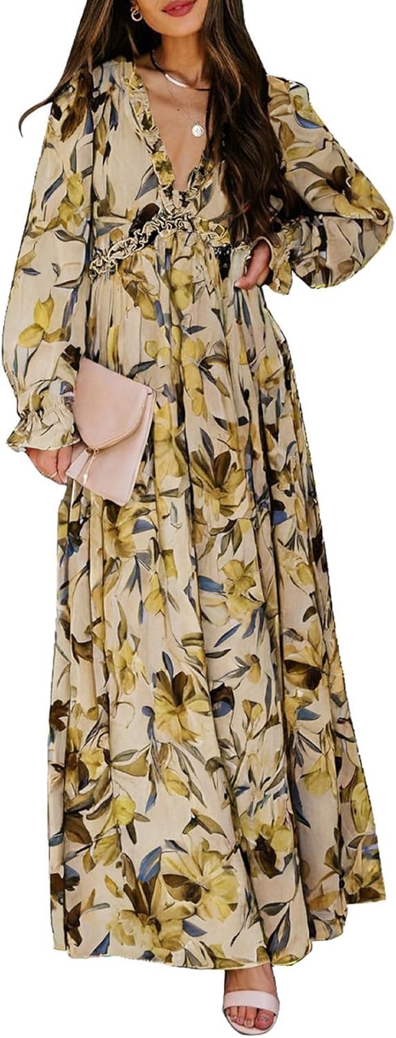 Bohemian Style Womens Casual Deep V Neck Long Maxi Dress