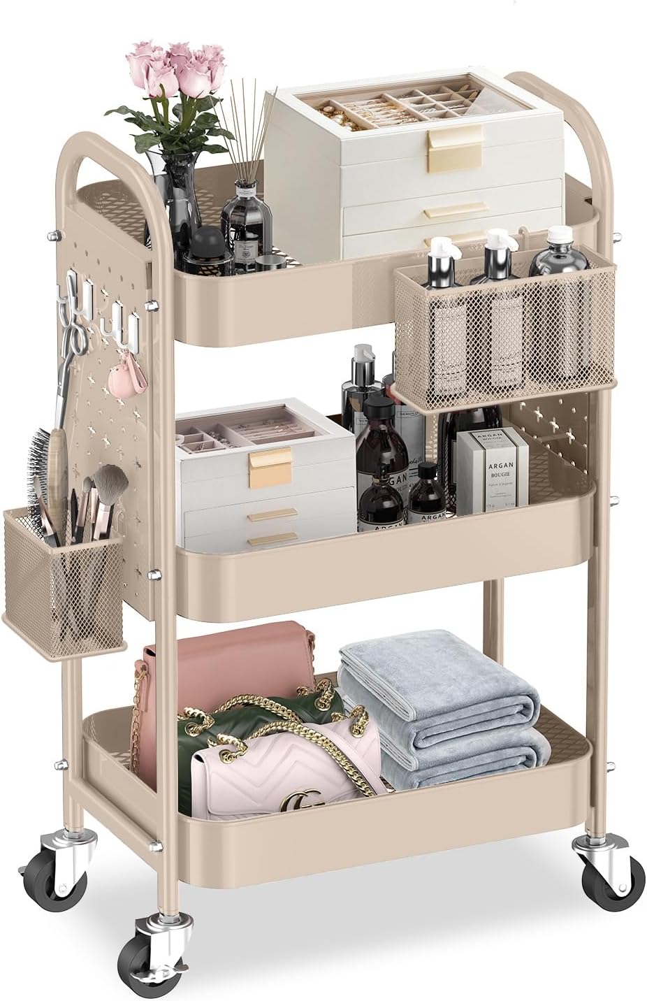 ALVOROG 3 Tier Rolling Cart with Pegboards for Versatile Storage