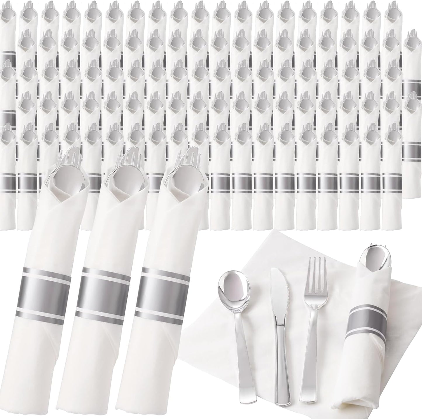 200Guests Pre Rolled Silver Plastic Silverware Sets for Events