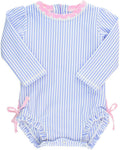 RuffleButts Seersucker Long Sleeve One Piece Rash Guard - UPF 50 offer