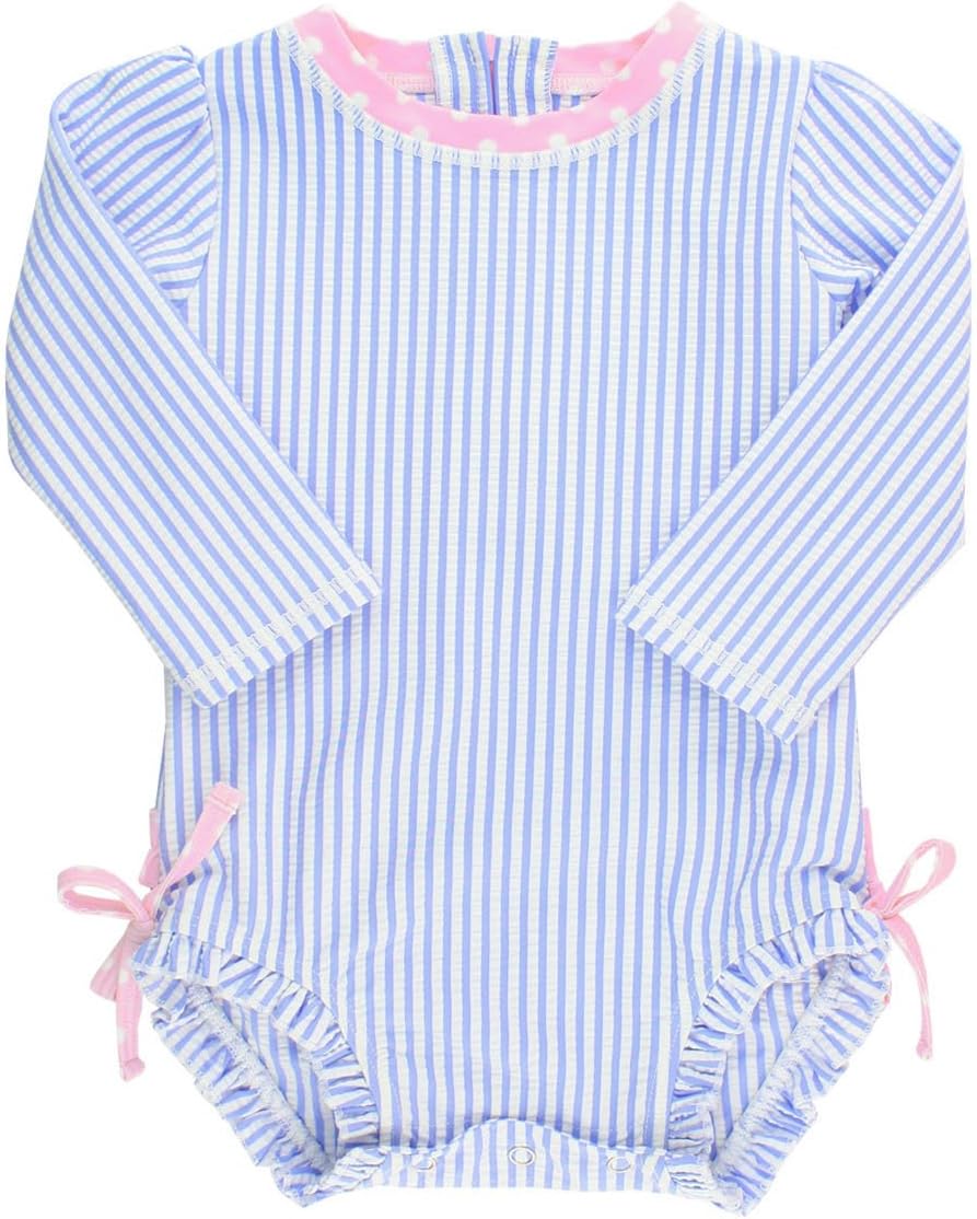 RuffleButts Baby Girls Seersucker Long Sleeve Rash Guard Swimsuit