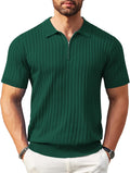 Zipper Polo Shirt Short Sleeve Ribbed Knit Polo - Versatile Casual
