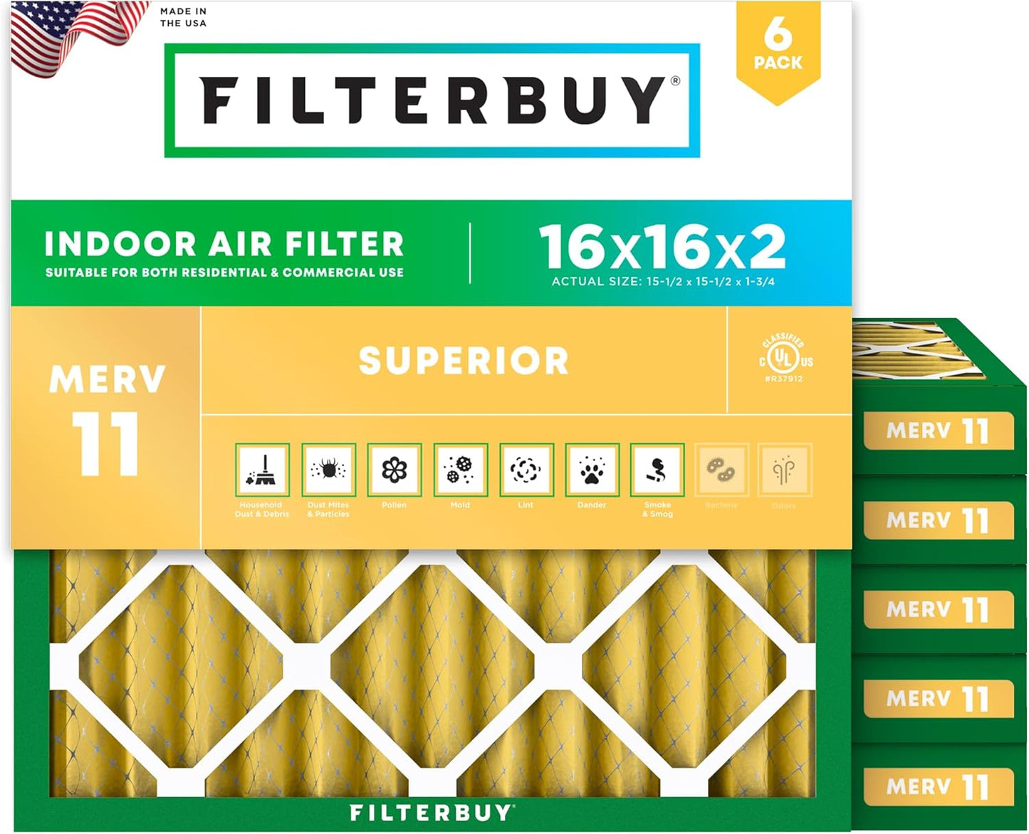 Filterbuy 16x16x2 Air Filter MERV 11 for Pet and Allergy Defense