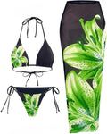 Womens 3pcs Floral Halter Triangle Bikini Set with Sheer Skirt