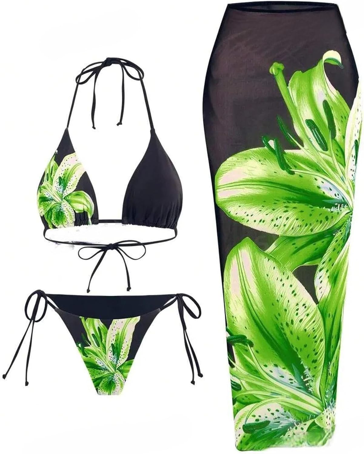 ZAFUL Womens 3pcs Swimsuit Floral Halter Triangle Bikini Set