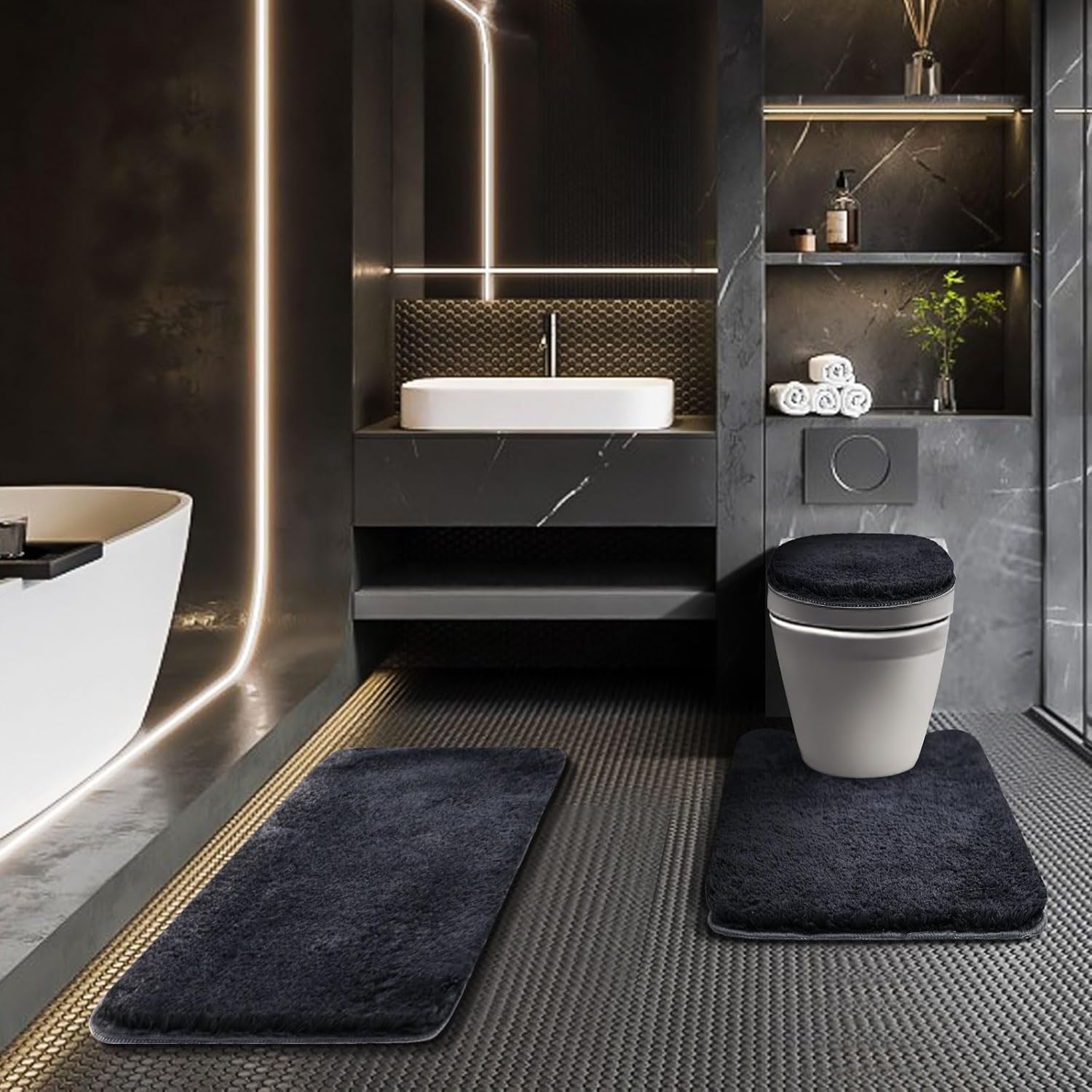 Bathroom Rugs Sets 3 Piece with Adjustable Toilet Seat Cover