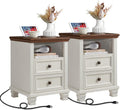 Farmhouse Nightstand Set of 2 with Charging Station - Rustic White