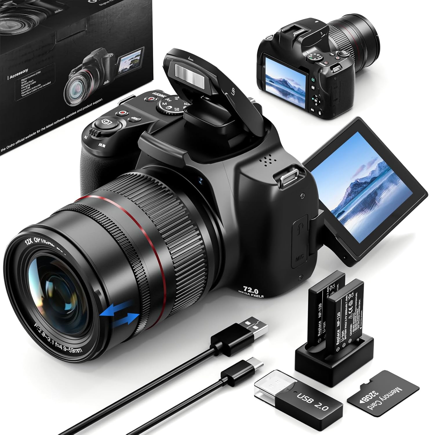 72MP Digital Cameras for Photography with 12x Optical Zoom