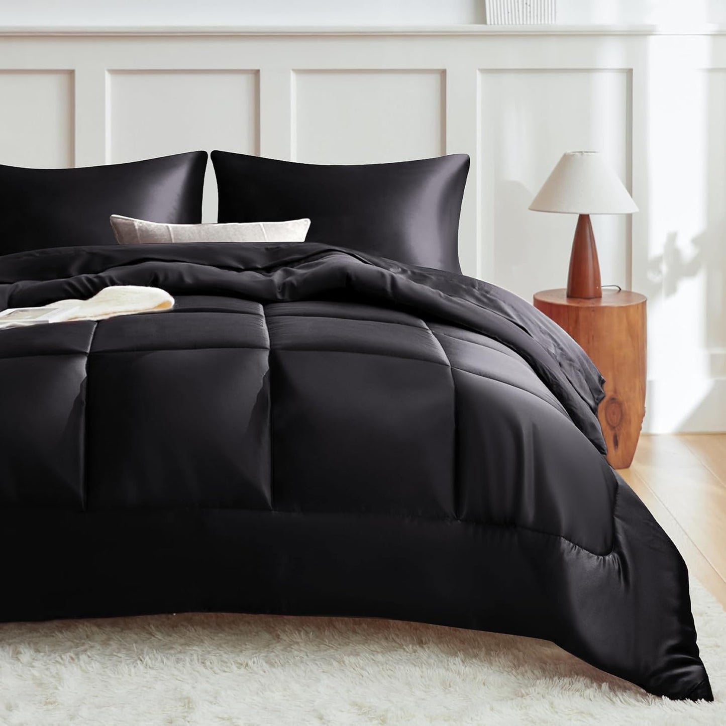 MR&HM King Size Comforter Set Black, Reversible Satin Luxury