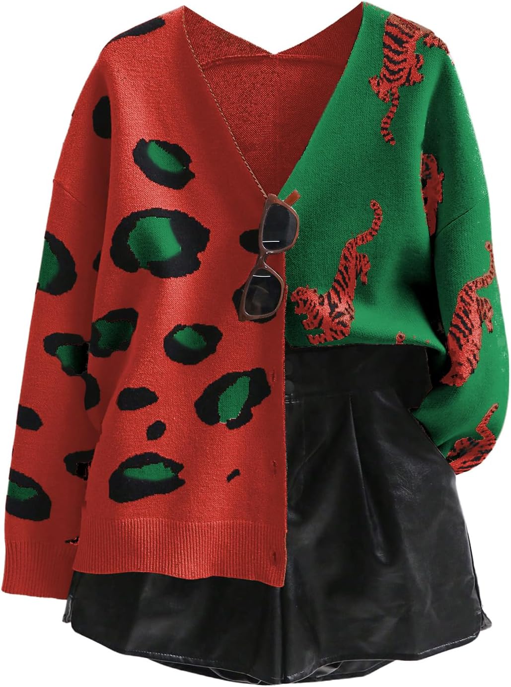 Leopard Tiger Print Cardigan V Neck Long Sleeve Sweater Outwear