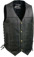 Men's Classic Western Black Motorcycle Leather Vest - Snap Front