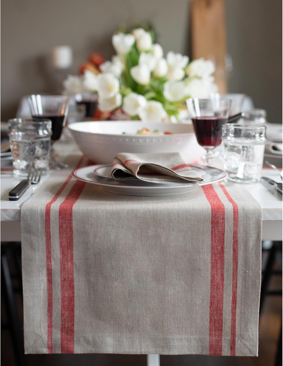 Linen Table Runner 14 x 72 Inch - Red and Natural Stripe Design