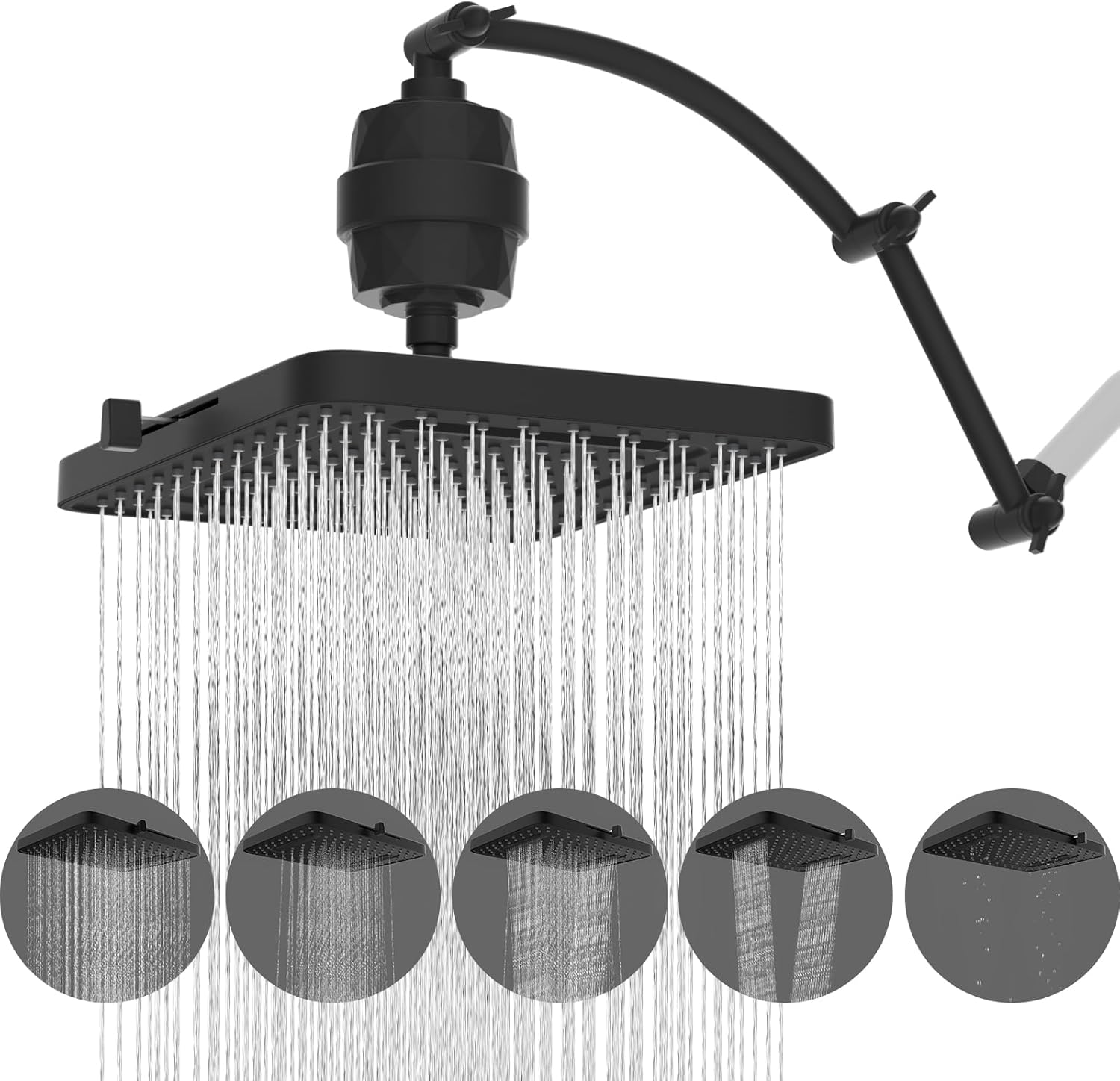 Hibbent Rain Filtered Shower Head with 5 Modes and Extension Arm